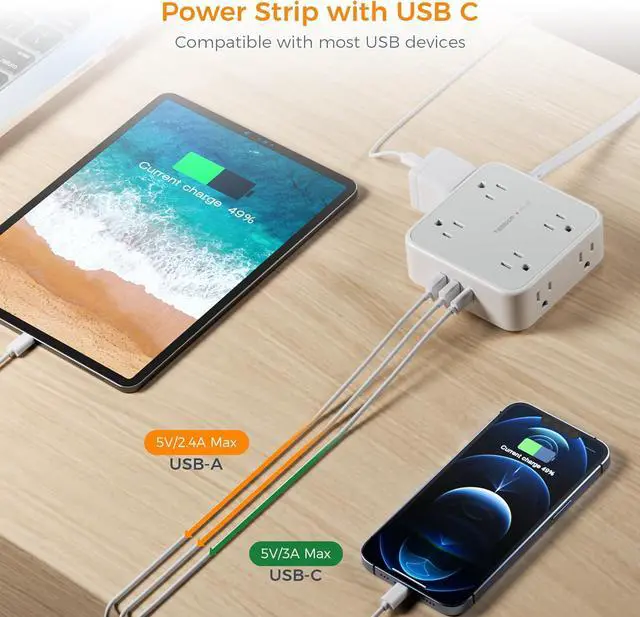 Alt view image 3 of 6 - Flat Plug Long Extension Cord 25 Ft, TESSAN Power Strip Surge Protector with 8 Outlets 3 USB Ports (1 USB C), 900J Protection Desktop Charging Station for Home, Office, Dorm Room Essentials