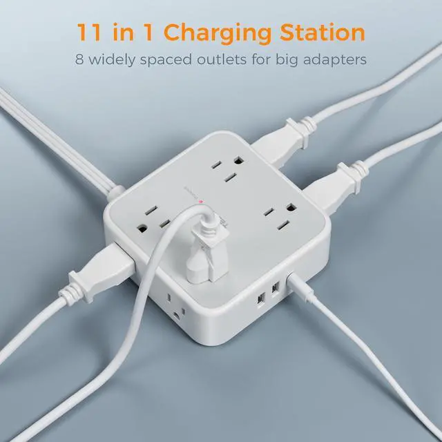 Alt view image 4 of 6 - Flat Plug Long Extension Cord 25 Ft, TESSAN Power Strip Surge Protector with 8 Outlets 3 USB Ports (1 USB C), 900J Protection Desktop Charging Station for Home, Office, Dorm Room Essentials