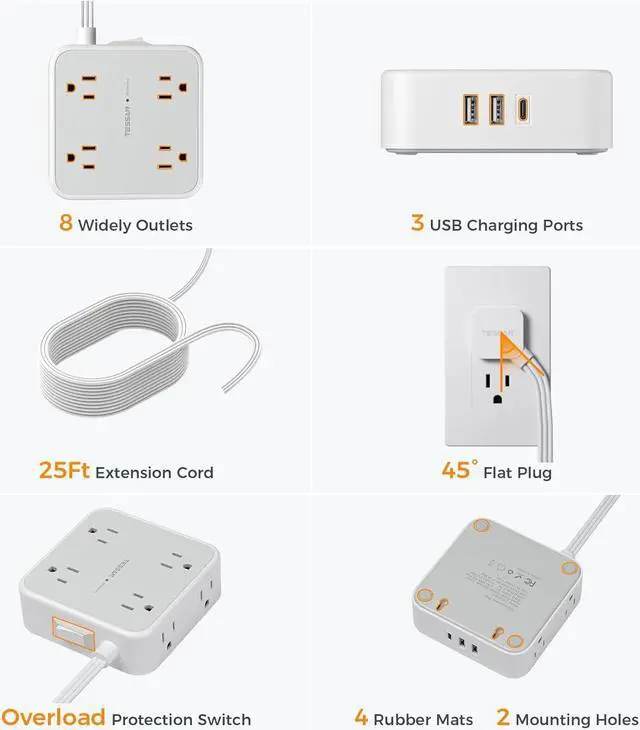 Alt view image 6 of 6 - Flat Plug Long Extension Cord 25 Ft, TESSAN Power Strip Surge Protector with 8 Outlets 3 USB Ports (1 USB C), 900J Protection Desktop Charging Station for Home, Office, Dorm Room Essentials