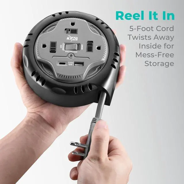 Alt view image 6 of 7 - KMC 3-Outlet Surge Twist Cord Reel, USB-C & USB-A Ports, Retractable Power Strip Surge Protector, 735J Surge Protection, 5ft Retractable Extension Cord, 3-Prong Flat Plug, UL/ETL Certified, Gray