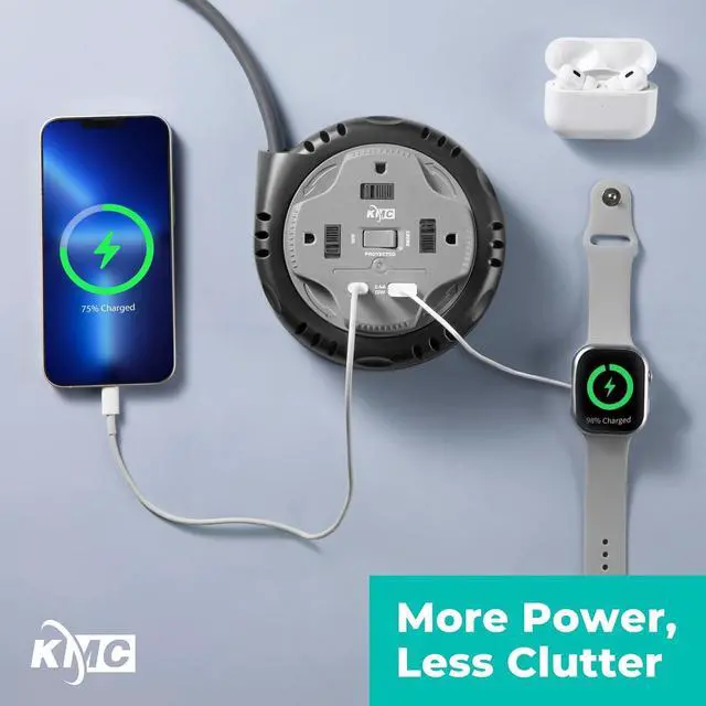Alt view image 7 of 7 - KMC 3-Outlet Surge Twist Cord Reel, USB-C & USB-A Ports, Retractable Power Strip Surge Protector, 735J Surge Protection, 5ft Retractable Extension Cord, 3-Prong Flat Plug, UL/ETL Certified, Gray