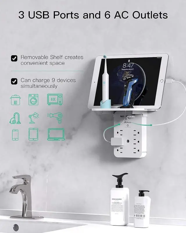Alt view image 2 of 7 - Wall Outlet Extender with Surge Protector, 6 AC Outlets, Shelf, 2 USB & USB C Charging Ports - Home & Dorm Plug Expander