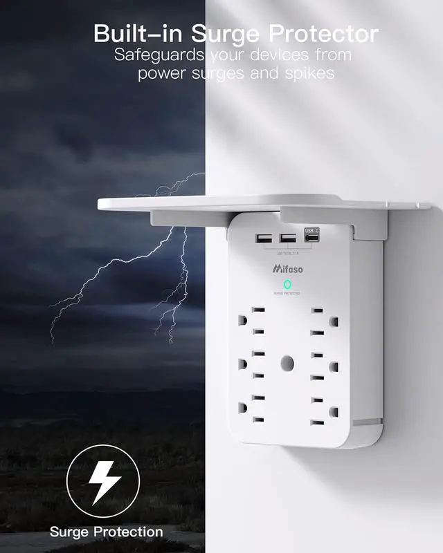 Alt view image 5 of 7 - Wall Outlet Extender with Surge Protector, 6 AC Outlets, Shelf, 2 USB & USB C Charging Ports - Home & Dorm Plug Expander
