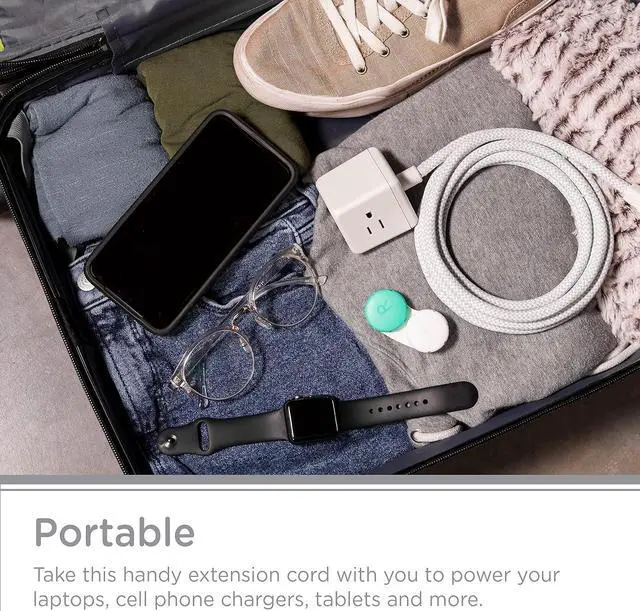 Alt view image 3 of 7 - Cordinate Cube Extension Cord, 10Ft, 3-Outlet Flat Plug Extension Cord, Cube Extension Cord with Multiple Outlets, 3 Prong Cube Extension Cord, 2 USB Ports Braided Extension Cord, Gray/White, 55356