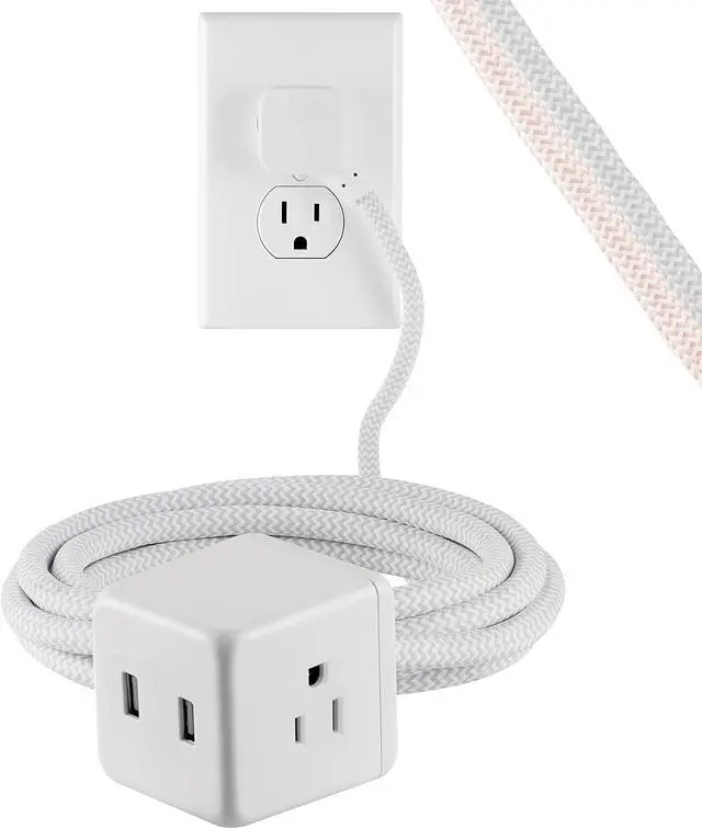 Main image of Cordinate Cube Extension Cord, 10Ft, 3-Outlet Flat Plug Extension Cord, Cube Extension Cord with Multiple Outlets, 3 Prong Cube Extension Cord, 2 USB Ports Braided Extension Cord, Gray/White, 55356