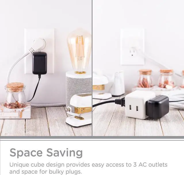 Alt view image 5 of 7 - Cordinate Cube Extension Cord, 10Ft, 3-Outlet Flat Plug Extension Cord, Cube Extension Cord with Multiple Outlets, 3 Prong Cube Extension Cord, 2 USB Ports Braided Extension Cord, Gray/White, 55356