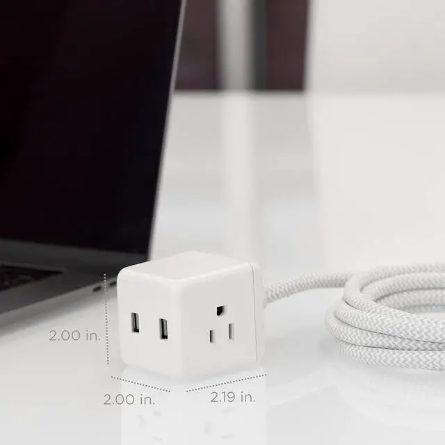 Alt view image 7 of 7 - Cordinate Cube Extension Cord, 10Ft, 3-Outlet Flat Plug Extension Cord, Cube Extension Cord with Multiple Outlets, 3 Prong Cube Extension Cord, 2 USB Ports Braided Extension Cord, Gray/White, 55356