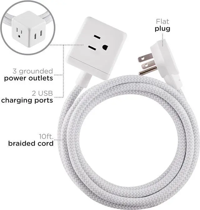 Alt view image 2 of 7 - Cordinate Cube Extension Cord, 10Ft, 3-Outlet Flat Plug Extension Cord, Cube Extension Cord with Multiple Outlets, 3 Prong Cube Extension Cord, 2 USB Ports Braided Extension Cord, Gray/White, 55356