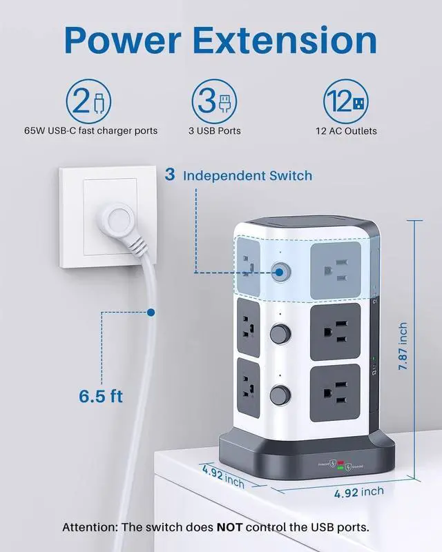 Alt view image 2 of 7 - KOOSLA [65W] PD Power Strip Tower Surge Protector, USB C Desktop Charging Station with 12 Widely Spaced AC Outlets / 2 USB-C / 3 USB-A Ports, 6.5ft Heavy-Duty Extension Cord for Home Office Dorm
