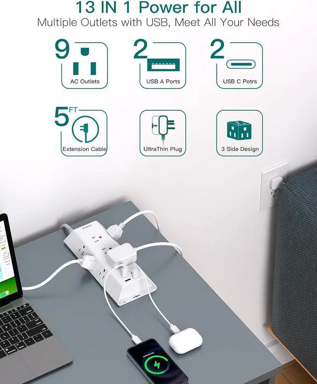 Alt view image 2 of 7 - Surge Protector Power Strip, Addtam 5 ft Flat Plug Extension Cord with 4 USB Wall Charger(2 USB C Port), 9 Widely Outlets Desk Charging Station, Home Office and College Dorm Room Essentials