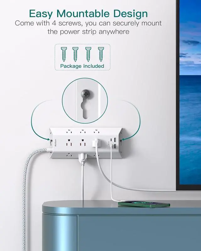 Alt view image 5 of 7 - Surge Protector Power Strip, Addtam 5 ft Flat Plug Extension Cord with 4 USB Wall Charger(2 USB C Port), 9 Widely Outlets Desk Charging Station, Home Office and College Dorm Room Essentials