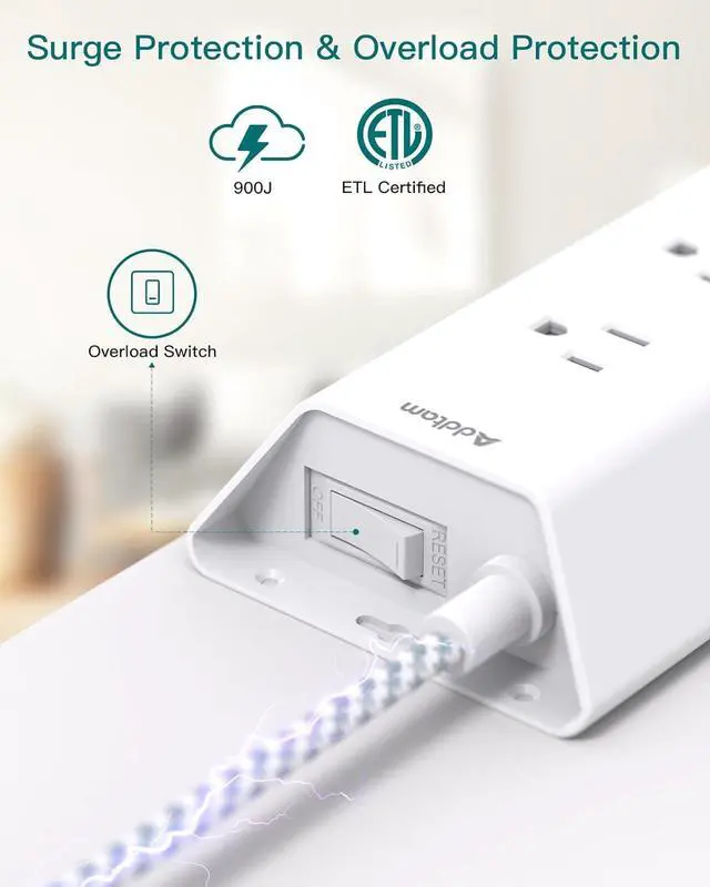 Alt view image 6 of 7 - Surge Protector Power Strip, Addtam 5 ft Flat Plug Extension Cord with 4 USB Wall Charger(2 USB C Port), 9 Widely Outlets Desk Charging Station, Home Office and College Dorm Room Essentials