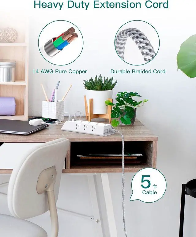 Alt view image 7 of 7 - Surge Protector Power Strip, Addtam 5 ft Flat Plug Extension Cord with 4 USB Wall Charger(2 USB C Port), 9 Widely Outlets Desk Charging Station, Home Office and College Dorm Room Essentials
