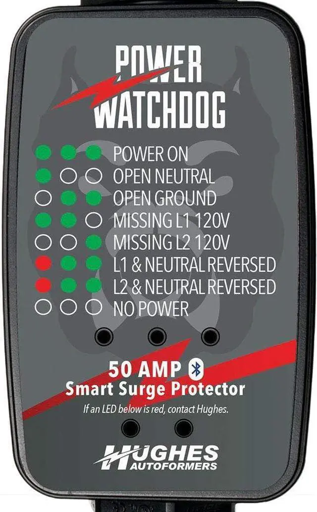 Alt view image 2 of 7 - Hughes PWD50 Smart RV Portable Surge Protector 50 Amp - Patented Bluetooth Connectivity - Monitor Voltage/Amperage/Wattage - IP65 Water-Resistant