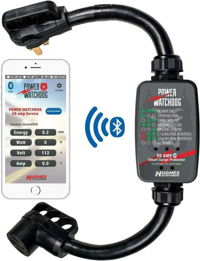 Alt view image 3 of 7 - Hughes PWD50 Smart RV Portable Surge Protector 50 Amp - Patented Bluetooth Connectivity - Monitor Voltage/Amperage/Wattage - IP65 Water-Resistant