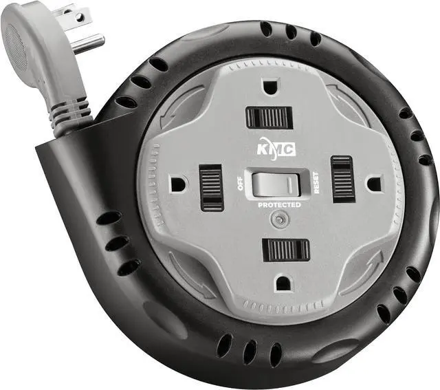 Main image of KMC 4-Outlet Surge Twist Cord Reel, Retractable Power Strip Surge Protector, 735J Surge Protection, 5ft Long Retractable Extension Cord, 3-Prong Low-Profile Flat Plug, UL/ETL Certified, Gray