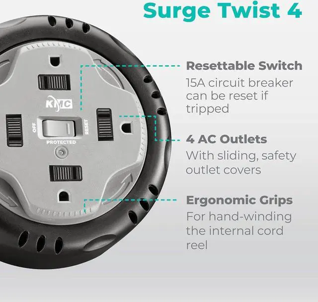 Alt view image 2 of 7 - KMC 4-Outlet Surge Twist Cord Reel, Retractable Power Strip Surge Protector, 735J Surge Protection, 5ft Long Retractable Extension Cord, 3-Prong Low-Profile Flat Plug, UL/ETL Certified, Gray