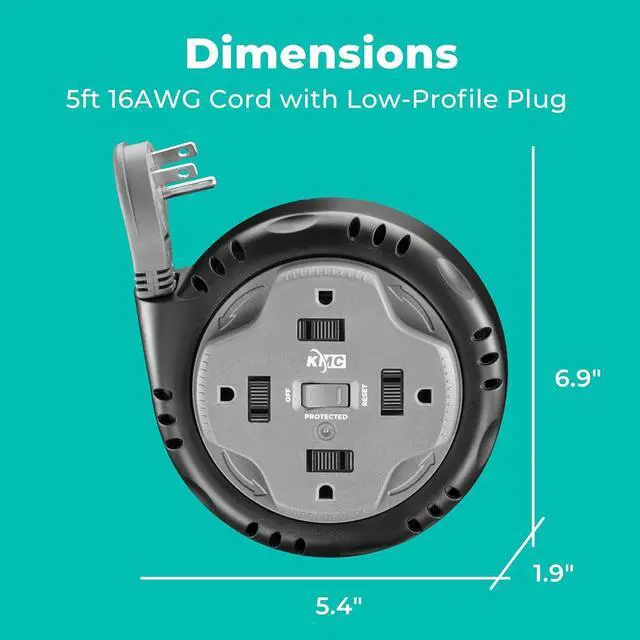 Alt view image 3 of 7 - KMC 4-Outlet Surge Twist Cord Reel, Retractable Power Strip Surge Protector, 735J Surge Protection, 5ft Long Retractable Extension Cord, 3-Prong Low-Profile Flat Plug, UL/ETL Certified, Gray