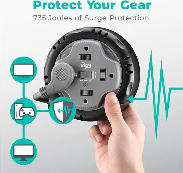 Alt view image 4 of 7 - KMC 4-Outlet Surge Twist Cord Reel, Retractable Power Strip Surge Protector, 735J Surge Protection, 5ft Long Retractable Extension Cord, 3-Prong Low-Profile Flat Plug, UL/ETL Certified, Gray