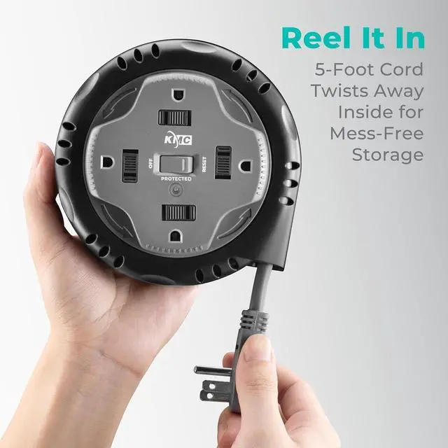 Alt view image 5 of 7 - KMC 4-Outlet Surge Twist Cord Reel, Retractable Power Strip Surge Protector, 735J Surge Protection, 5ft Long Retractable Extension Cord, 3-Prong Low-Profile Flat Plug, UL/ETL Certified, Gray