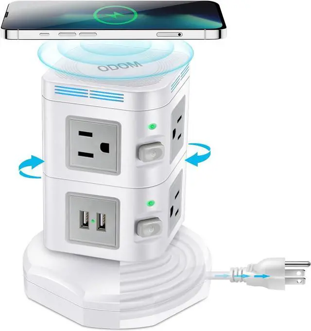 Main image of Power Strips Surge Protector 1800J, ODOM Power Strip Tower with 15W Wireless Charger, 13A,4 USB Ports + 6 AC Outlets + 6 Ft Retractable Extension Cord,Plug Outlet Charging Tower for Home Office