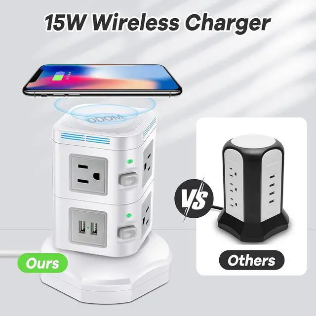 Alt view image 7 of 7 - Power Strips Surge Protector 1800J, ODOM Power Strip Tower with 15W Wireless Charger, 13A,4 USB Ports + 6 AC Outlets + 6 Ft Retractable Extension Cord,Plug Outlet Charging Tower for Home Office