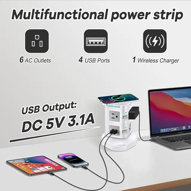 Alt view image 3 of 7 - Power Strips Surge Protector 1800J, ODOM Power Strip Tower with 15W Wireless Charger, 13A,4 USB Ports + 6 AC Outlets + 6 Ft Retractable Extension Cord,Plug Outlet Charging Tower for Home Office