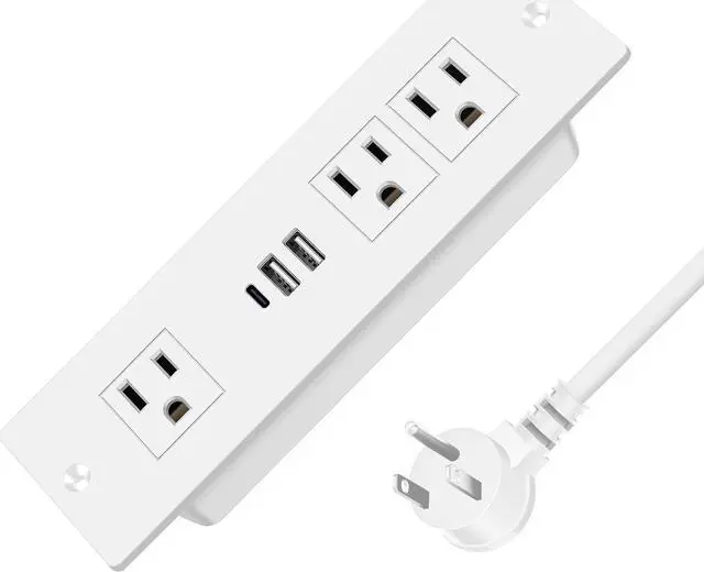 Main image of HEZI Recessed Power Strip, Furniture Drawer Outlet with 20W PD USB-C & 18W QC3.0 USB-A, Plug in 3 Outlets & USB Ports, Flush Mount 6FT White Extension Cord Conference Desk Outlets