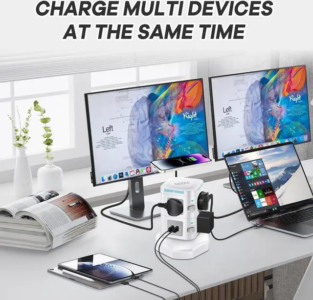 Alt view image 6 of 7 - Power Strips Surge Protector 1800J, ODOM Power Strip Tower with 15W Wireless Charger, 13A,4 USB Ports + 6 AC Outlets + 6 Ft Retractable Extension Cord,Plug Outlet Charging Tower for Home Office