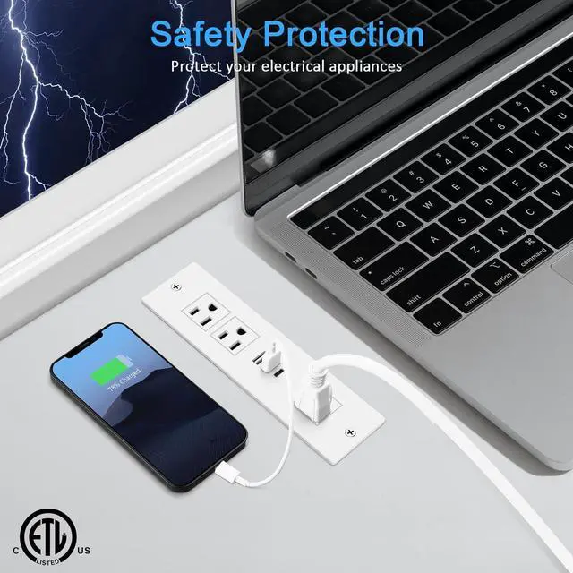 Alt view image 5 of 6 - HEZI Recessed Power Strip, Furniture Drawer Outlet with 20W PD USB-C & 18W QC3.0 USB-A, Plug in 3 Outlets & USB Ports, Flush Mount 6FT White Extension Cord Conference Desk Outlets