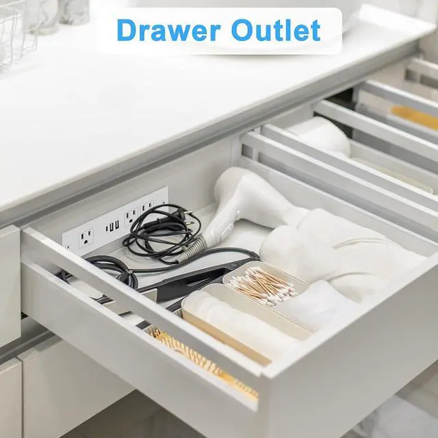 Alt view image 4 of 6 - HEZI Recessed Power Strip, Furniture Drawer Outlet with 20W PD USB-C & 18W QC3.0 USB-A, Plug in 3 Outlets & USB Ports, Flush Mount 6FT White Extension Cord Conference Desk Outlets