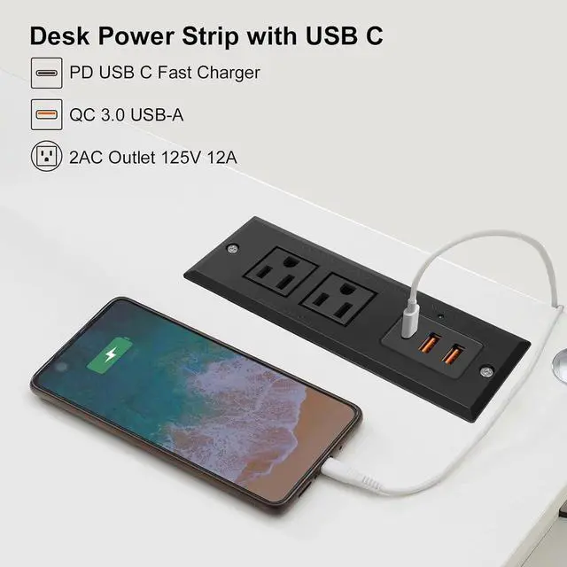 Alt view image 3 of 7 - 20W Recessed Power Strip USB C Fast Charge Desk Power Outlet Type C Flush Mounted Extension Power Plug for Conference Countertop Desktop Drawer Sofa ETL Listed (Black)
