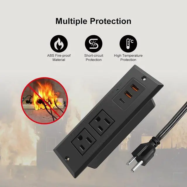 Alt view image 5 of 7 - 20W Recessed Power Strip USB C Fast Charge Desk Power Outlet Type C Flush Mounted Extension Power Plug for Conference Countertop Desktop Drawer Sofa ETL Listed (Black)