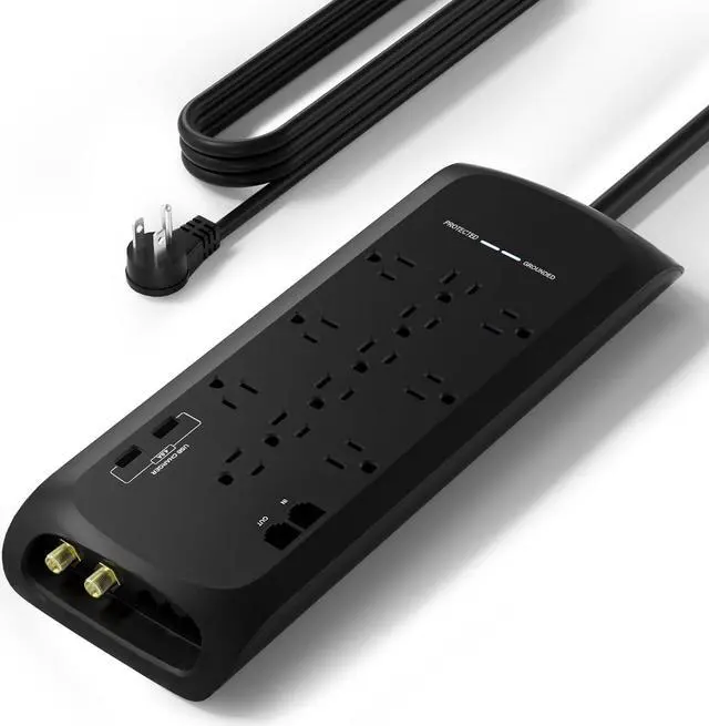 Main image of 12 Outlets Power Strip Surge Protector with 2 USB Charging Ports, 4200 Joules with 6 Ft Heavy Duty Extension Cord, Black, ETL Listed.