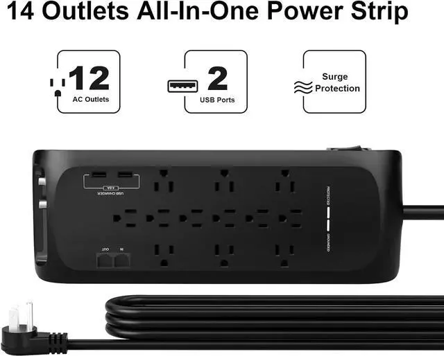 Alt view image 2 of 5 - 12 Outlets Power Strip Surge Protector with 2 USB Charging Ports, 4200 Joules with 6 Ft Heavy Duty Extension Cord, Black, ETL Listed.
