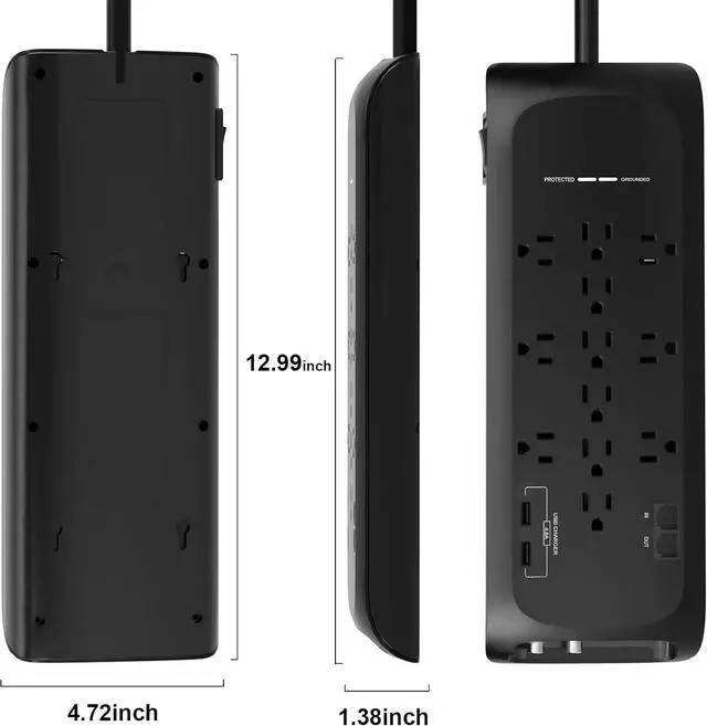 Alt view image 3 of 5 - 12 Outlets Power Strip Surge Protector with 2 USB Charging Ports, 4200 Joules with 6 Ft Heavy Duty Extension Cord, Black, ETL Listed.