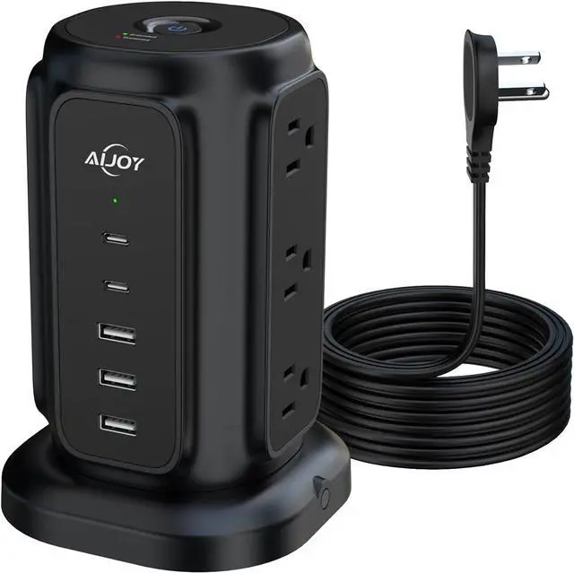 Main image of Flat Plug Power Strip Tower with 9 Outlets and 5 USB Ports (2 USB C), AiJoy Surge Protector with 6.5 Feet 1625W/13A Extension Cord, 1200J Surge Protection for Home Office Supplies Desk Accessories