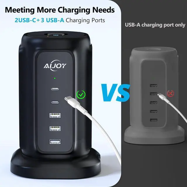 Alt view image 3 of 6 - Flat Plug Power Strip Tower with 9 Outlets and 5 USB Ports (2 USB C), AiJoy Surge Protector with 6.5 Feet 1625W/13A Extension Cord, 1200J Surge Protection for Home Office Supplies Desk Accessories