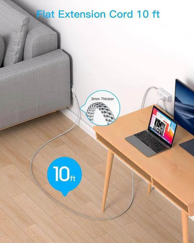 Alt view image 2 of 7 - Power Strip Surge Protector - 6 Widely Outlets with 3 USB Ports(1 USB C), 3 Sided Outlet Extender, 10 Ft Flat Plug Extension Cord, Wall Mount Small Power Strip for Home Office Travel College Dorm Room