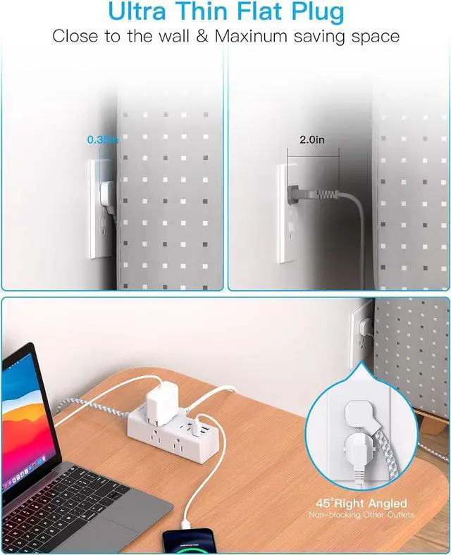 Alt view image 3 of 7 - Power Strip Surge Protector - 6 Widely Outlets with 3 USB Ports(1 USB C), 3 Sided Outlet Extender, 10 Ft Flat Plug Extension Cord, Wall Mount Small Power Strip for Home Office Travel College Dorm Room
