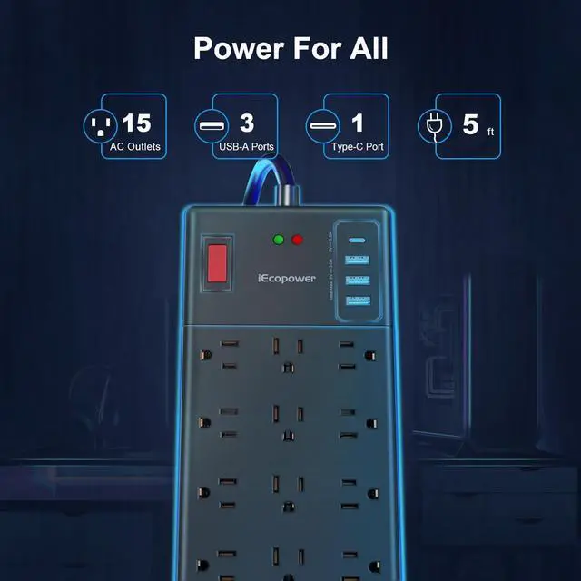 Alt view image 2 of 7 - Surge Protector Power Strip-15 Widely Spaced Outlets and 4 USB Ports(1 USB C Port),14 AWG Extension Cord,1875W/15A Heavy Duty Power Strip Surge Protector 5 ft Cord,2800J,Black