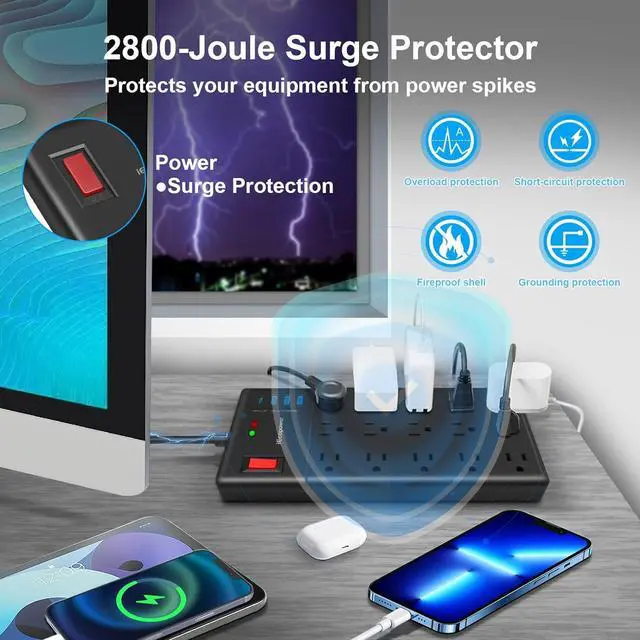 Alt view image 5 of 7 - Surge Protector Power Strip-15 Widely Spaced Outlets and 4 USB Ports(1 USB C Port),14 AWG Extension Cord,1875W/15A Heavy Duty Power Strip Surge Protector 5 ft Cord,2800J,Black