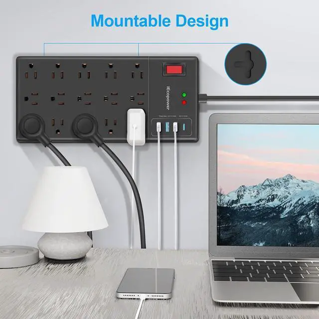 Alt view image 7 of 7 - Surge Protector Power Strip-15 Widely Spaced Outlets and 4 USB Ports(1 USB C Port),14 AWG Extension Cord,1875W/15A Heavy Duty Power Strip Surge Protector 5 ft Cord,2800J,Black