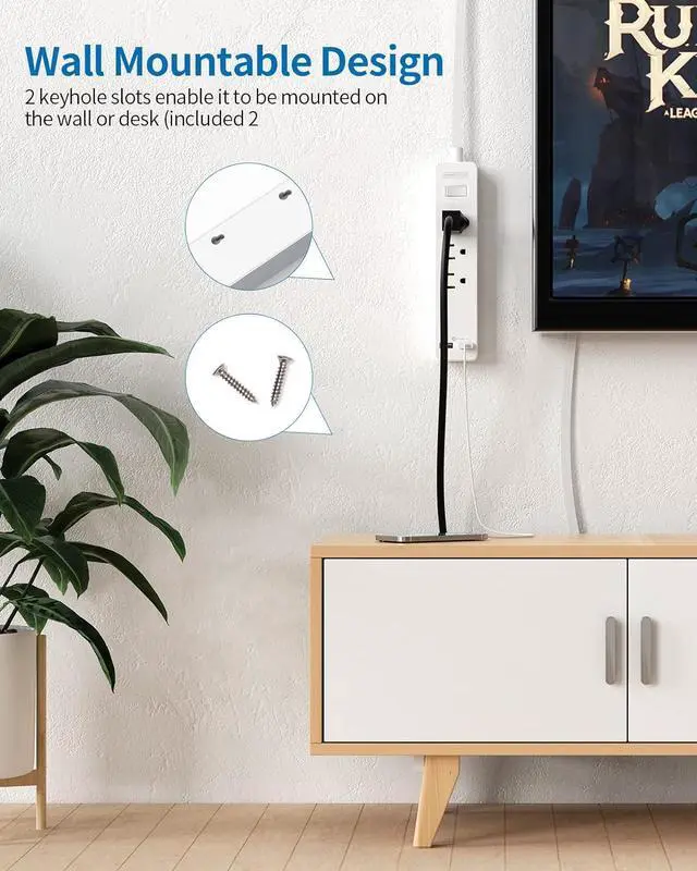 Alt view image 5 of 7 - Long Extension Cord 15 ft, NTONPOWER Wall Mount Power Strip Flat Plug with 3 Outlets 2 USB, Ultra Thin Flat Extension Cord Under Carpet, Rug, Door, Overload Protection for Home Office Indoor, White