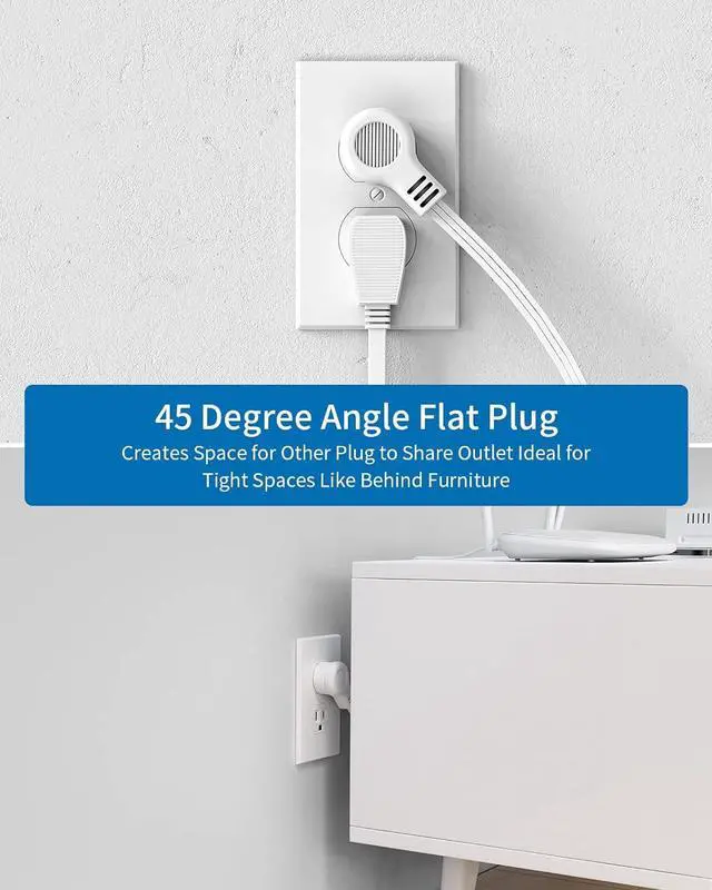 Alt view image 6 of 7 - Long Extension Cord 15 ft, NTONPOWER Wall Mount Power Strip Flat Plug with 3 Outlets 2 USB, Ultra Thin Flat Extension Cord Under Carpet, Rug, Door, Overload Protection for Home Office Indoor, White