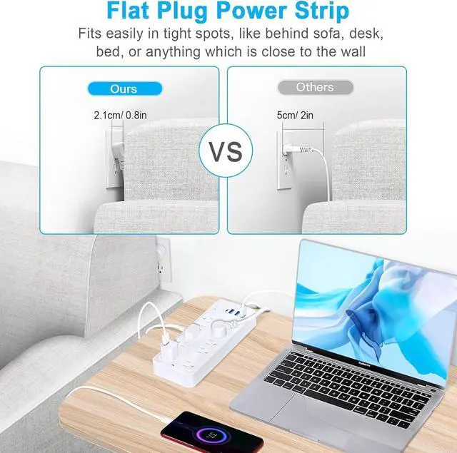 Alt view image 6 of 6 - 15 FT Power Strips with Surge Protection 1625W/13A,10 Outlets with 4 USB Ports (1 USB C) Long Extension Cord with Multiple Outlets 16Awag 1700J Flat Plug Power Strip Protector White,ETL Listed