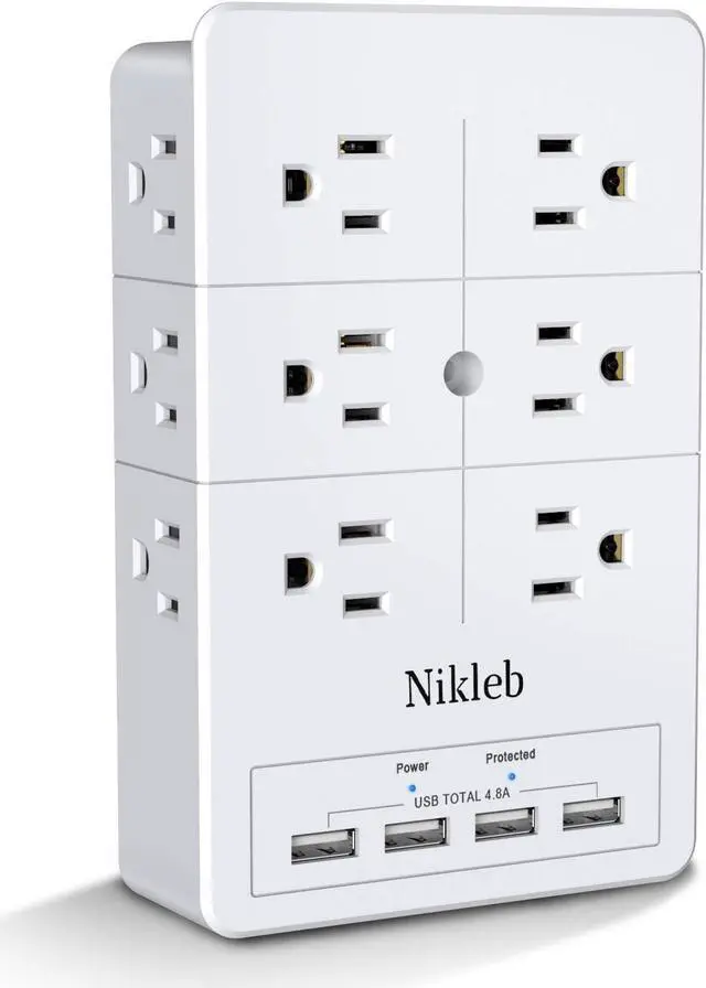Main image of Multi Plug Outlet Surge Protector Nikleb, 12 Electrical Outlets Extender with 4 USB Charging Ports Total 4.8A, Wall Plug Expander 3 Prong for Room, Office, Gaming, Cord Organizer Accessories