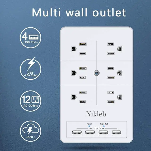 Alt view image 2 of 7 - Multi Plug Outlet Surge Protector Nikleb, 12 Electrical Outlets Extender with 4 USB Charging Ports Total 4.8A, Wall Plug Expander 3 Prong for Room, Office, Gaming, Cord Organizer Accessories