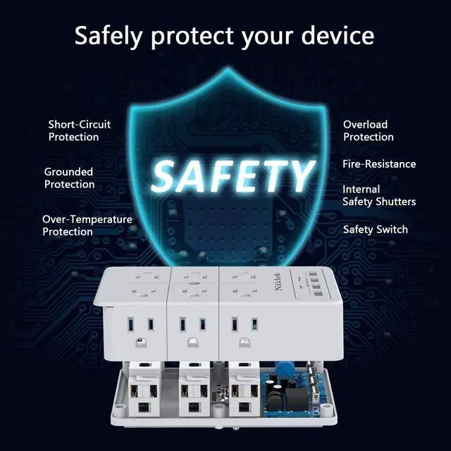 Alt view image 3 of 7 - Multi Plug Outlet Surge Protector Nikleb, 12 Electrical Outlets Extender with 4 USB Charging Ports Total 4.8A, Wall Plug Expander 3 Prong for Room, Office, Gaming, Cord Organizer Accessories