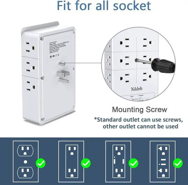 Alt view image 4 of 7 - Multi Plug Outlet Surge Protector Nikleb, 12 Electrical Outlets Extender with 4 USB Charging Ports Total 4.8A, Wall Plug Expander 3 Prong for Room, Office, Gaming, Cord Organizer Accessories
